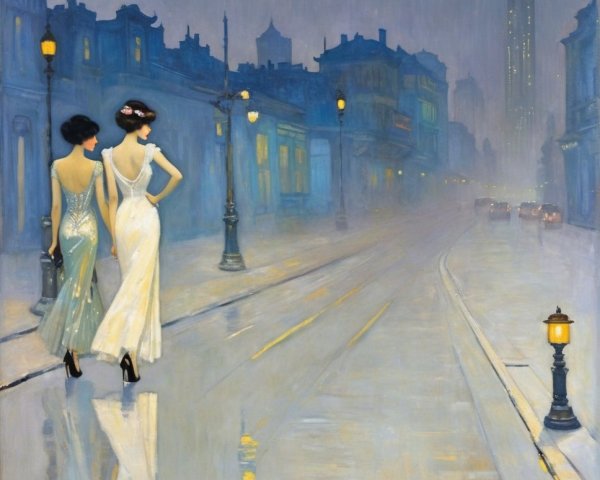 Elegant Women in Vintage Gowns on Rain-Soaked Street