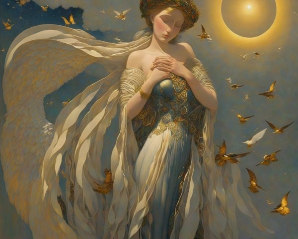 Serene Figure Surrounded by Golden Butterflies and Sun