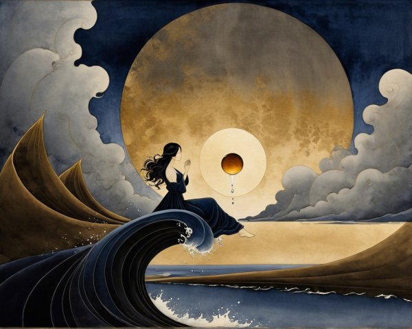 Woman in Blue Dress on Wave Under Luminous Moon