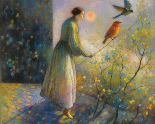 Serene Woman in Flowing Gown with Vibrant Bird