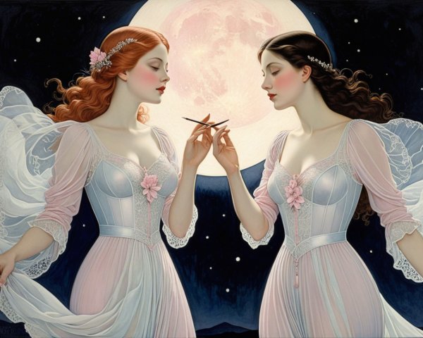 Elegantly Dressed Women Under a Full Moon