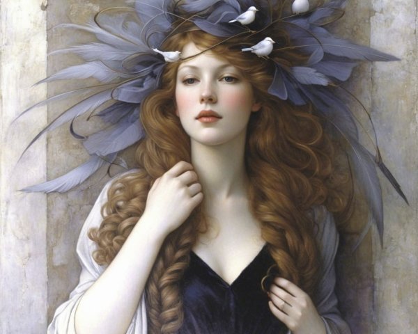Serene Young Woman with Red Hair and Feather Headdress