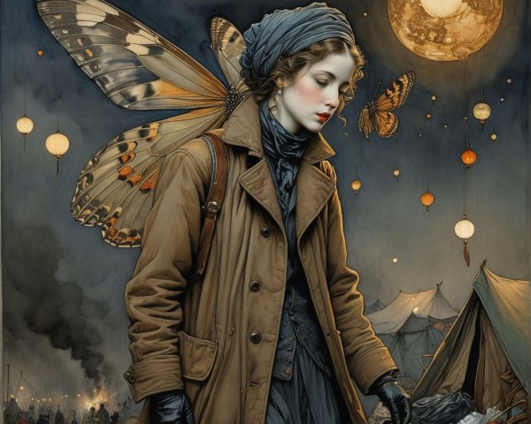 Young woman with butterfly wings in a moonlit scene