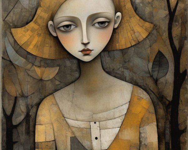 Pale woman with large eyes in surreal painting against patterned background.