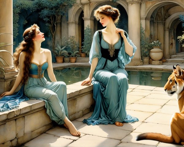 Elegant Women by Pool in Serene Courtyard Setting