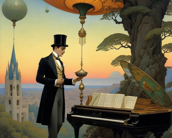 Suave Gentleman by Grand Piano in Surreal Landscape