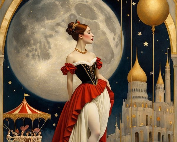 Vibrant Painting of Showgirl Under Golden Archway