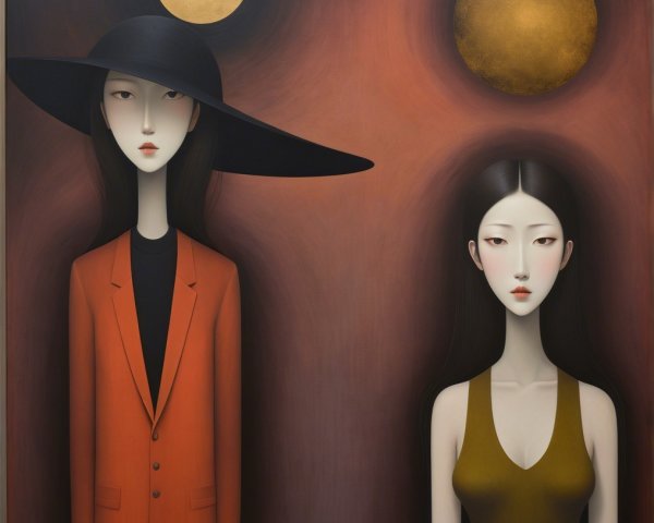 Elongated Figures with Abstract Background and Celestial Elements