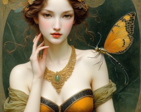 Painting of a woman with floral motif and butterfly