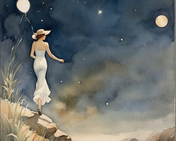 Watercolor Painting of Woman by Water at Night