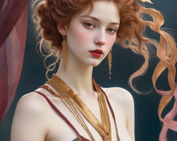 Portrait of woman with auburn hair, red flower headpiece, burgundy dress, and t