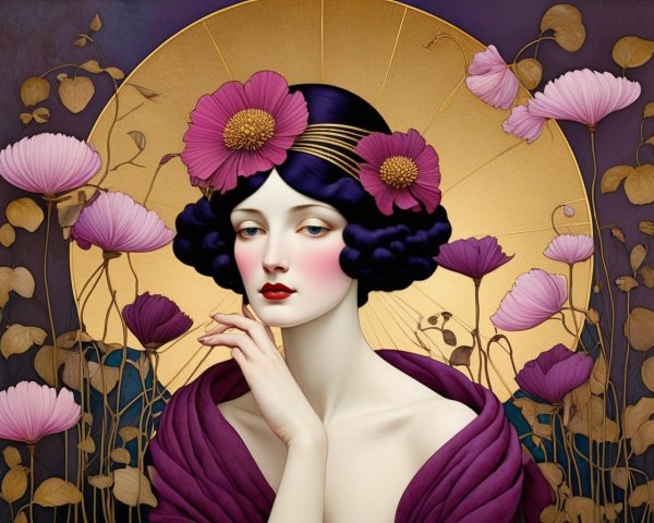 Woman with Dark Hair, Flowers, and Gold Headpiece