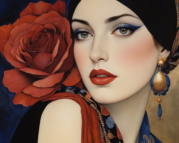 Portrait of a Woman with Porcelain Skin and Red Rose