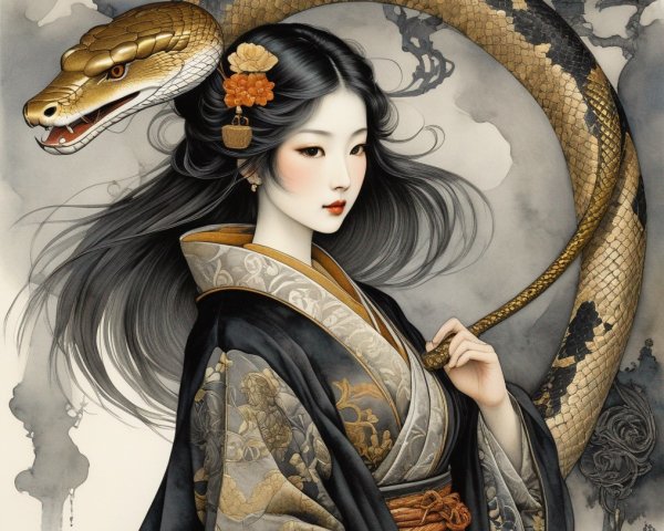 Illustration of Woman in Traditional Attire with Serpent