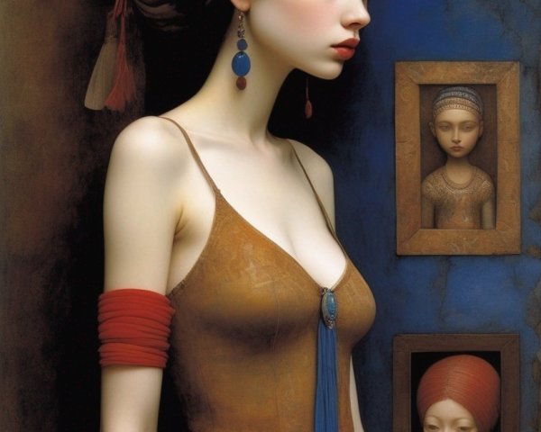 Pensive woman with headscarf and red arm bands, portraits on wall behind her