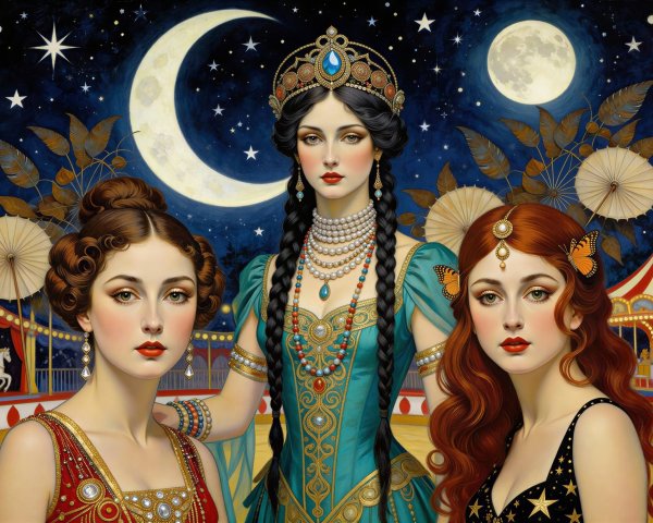 Three Women in Colorful Circus Under Starry Sky