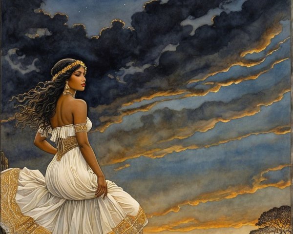 Woman in White Dress Against Dramatic Sky and Moon