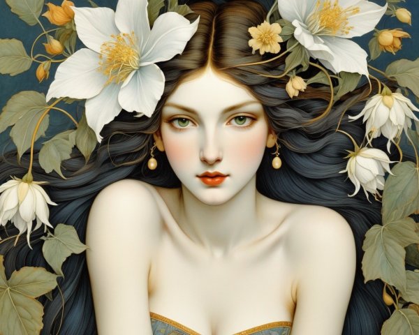 Portrait of a Young Woman with Dark Hair and Flowers