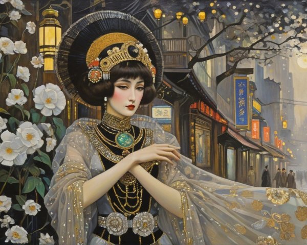 Traditional Attire and Accessories in a Lantern-Lit Night