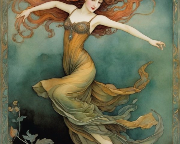 Ethereal Woman in Gold and Green Gown with Art Nouveau Border