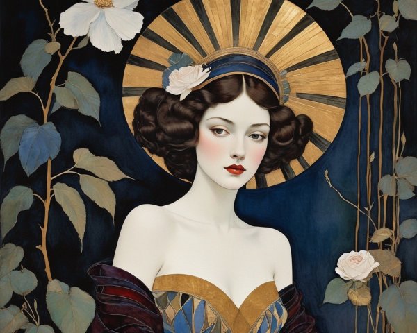 Stylized Painting of Woman with Golden Halo and Flowers