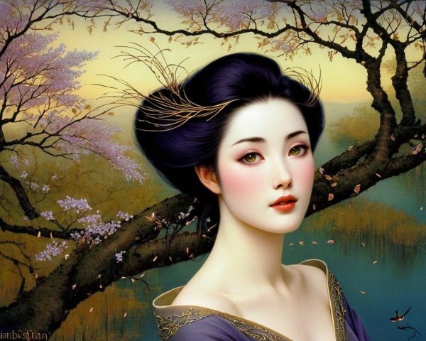 Woman with dark hair in serene natural setting