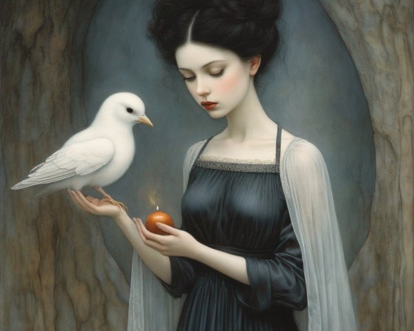 Vintage-dressed woman with golden fruit and white dove in dark archway