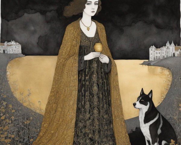 Illustration of a woman in a golden cloak at night