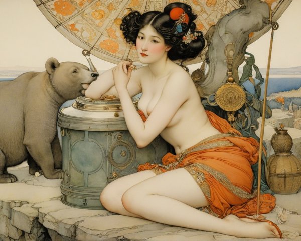 Elegant Woman Posing with Playful Bear in Landscape