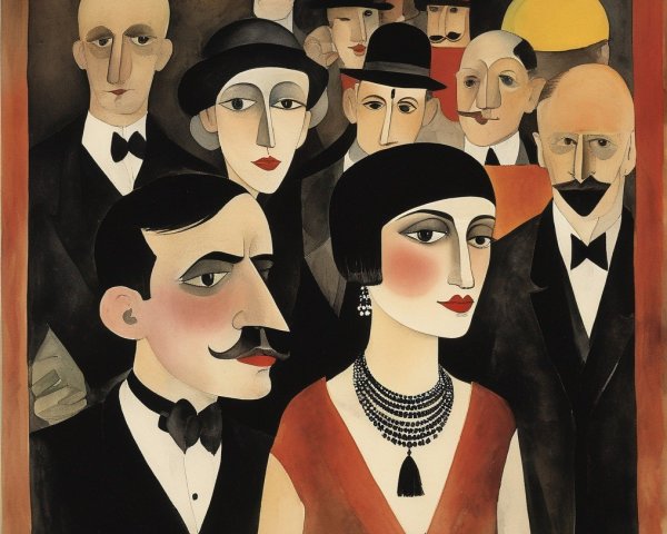 Stylized 1920s Figures in Bold Colors and Elegance
