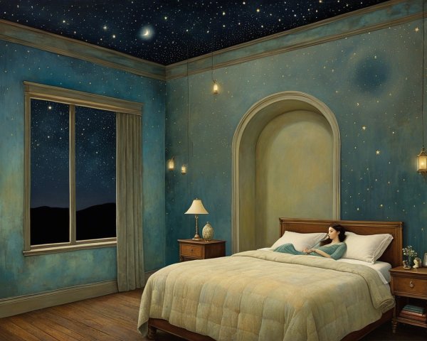 Serene Bedroom with Starry Ceiling and Cozy Lighting