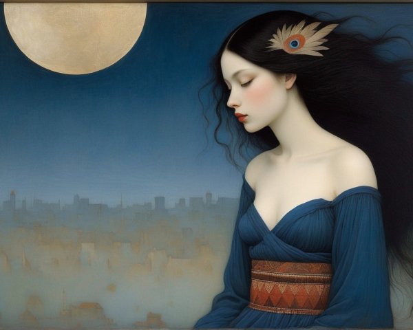 Woman in Blue Dress with Black Hair in Cityscape Moon Background