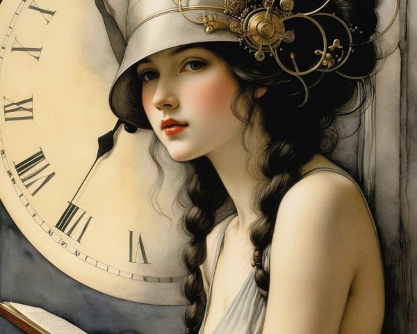 Young woman in vintage hat with book and clock