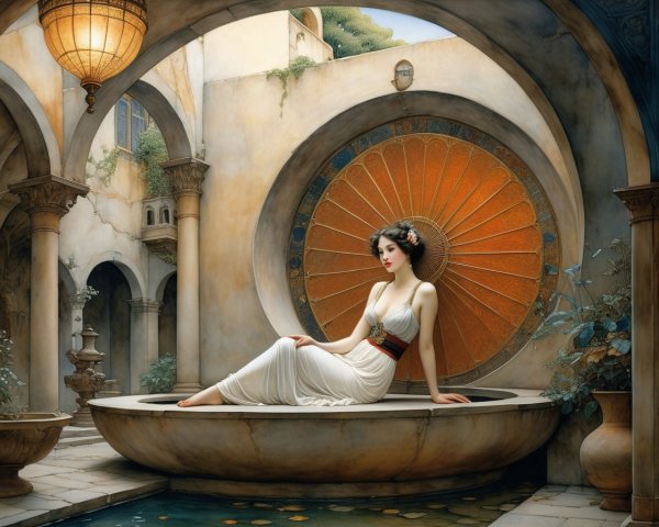 Serene Figure by Ornate Sunburst in Mediterranean Setting
