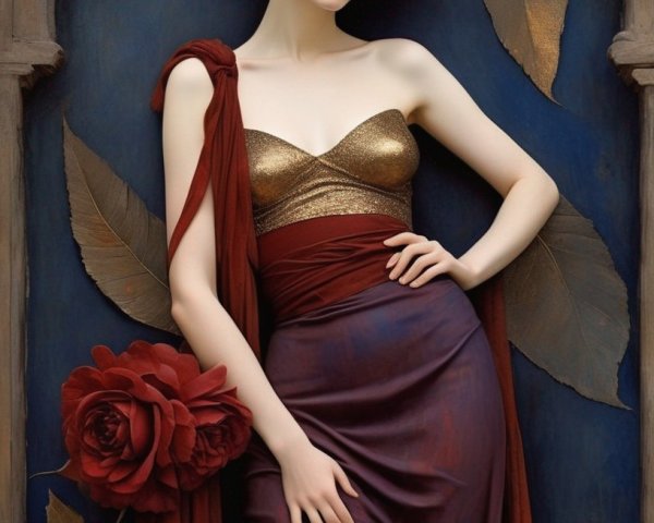 Woman with Red Hair in Gold Top and Burgundy Drapery