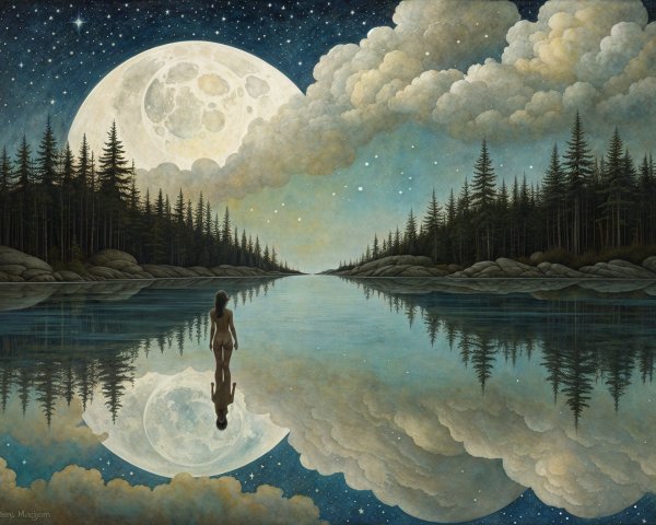 Moonlit Lake Scene with Evergreens and Young Figure