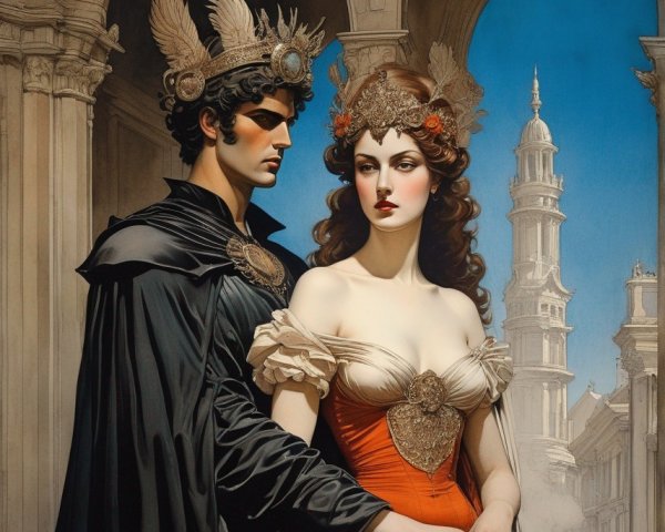 Regal couple in historical attire against architectural backdrop