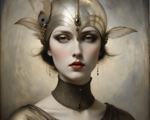 Portrait of a Woman in Silver Helmet and Feathers