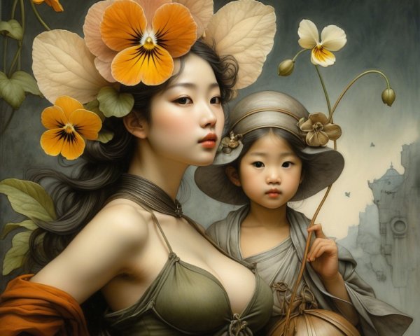 Floral-Themed Artwork of Woman and Young Girl