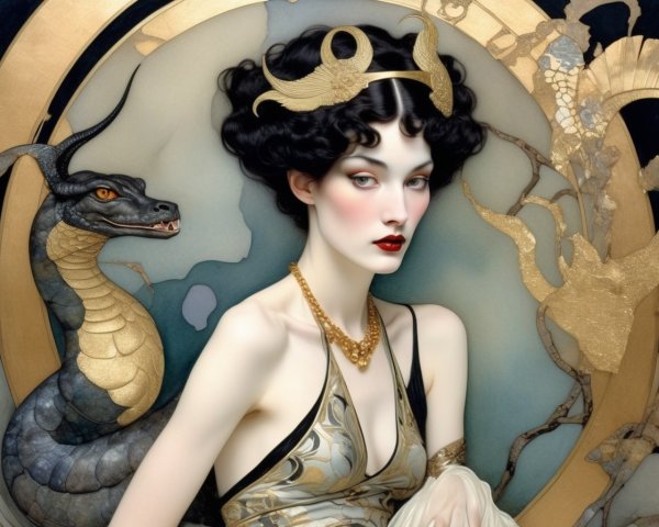 Illustration of a Woman with Serpent and Circular Backdrop