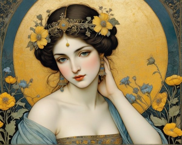 Woman with Dark Hair and Jeweled Headpiece in Halo