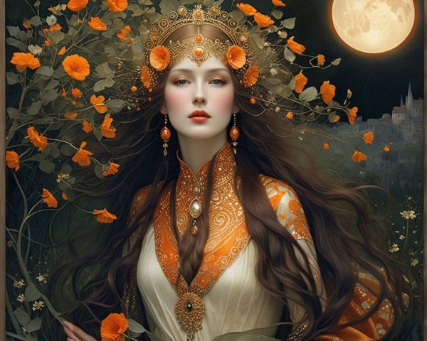 Woman in orange gown with flowers under full moon