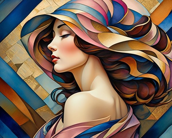 Stylized Woman with Flowing Hair and Multicolored Hat