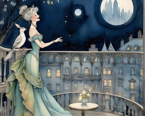 Elegant Woman on Balcony with Moonlit Skyline