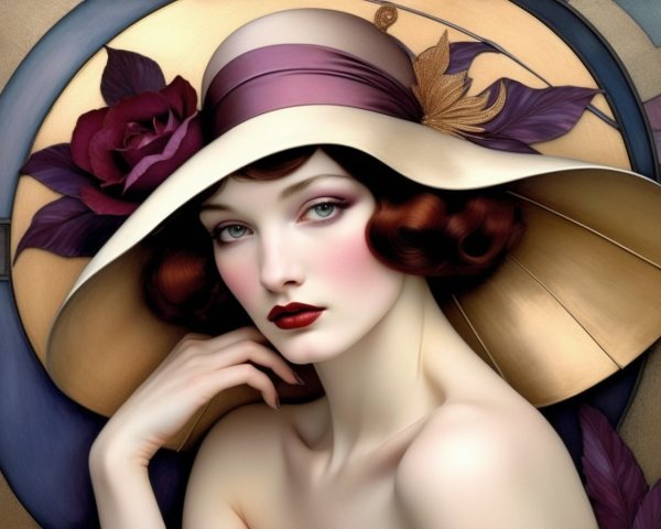 Illustration of a woman with wide-brimmed hat, rose, feather, stylized makeup,