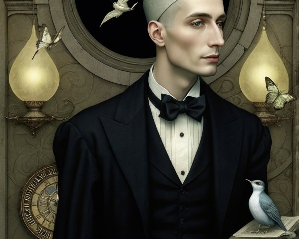 Tall man in tuxedo with unique headpiece and book