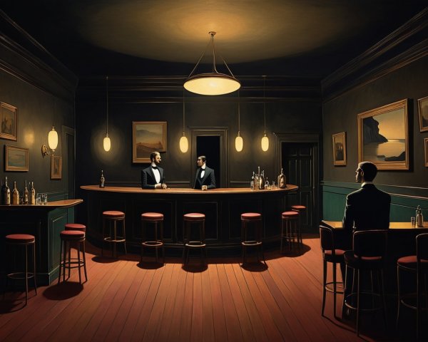 Men in formal attire converse in a dimly lit bar