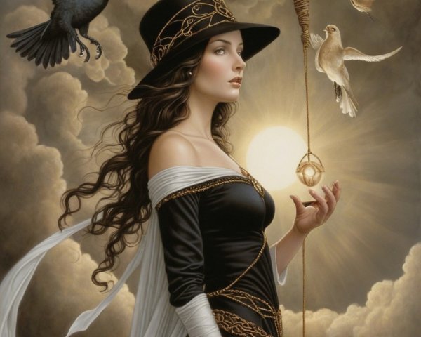 Elegant Woman in Black Gown with Mystical Elements