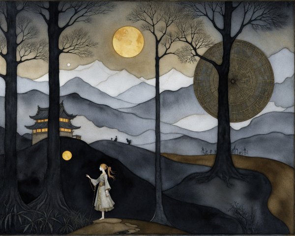 Serene Landscape with Woman in Traditional Attire