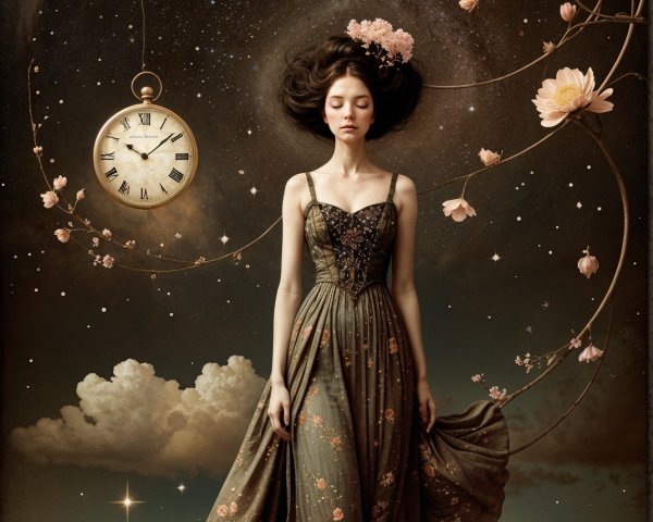 Serene Figure in Floral Gown Amid Cosmic Backdrop